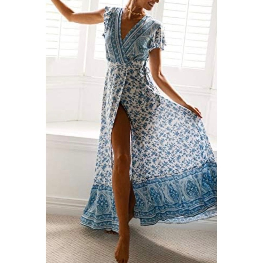 R.Vivimos Blue Floral Paisley Boho Maxi Dress XL Short Sleeve Wrap V-Neck Gown